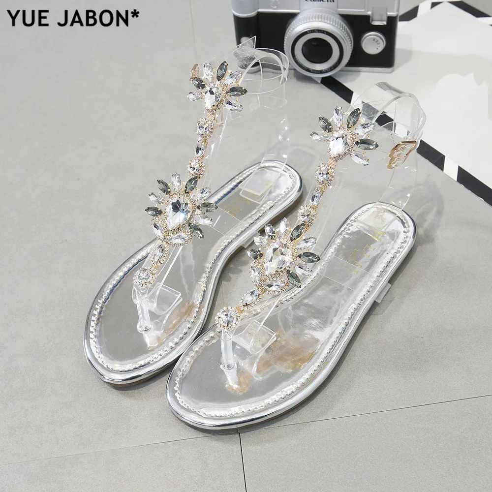 Sliver Woman Sandals Rhinestones Chains T-strap Comfortable Flat Crystal Sandals T-strap Thong Crystal Flip Flops Drop shipping