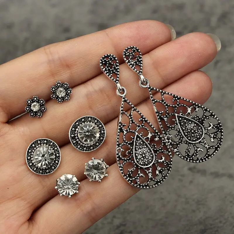 4 Pairs/Set Women Crystal Rhinestone Vintage Earring Set Droplet Flower Round Stud Earrings Female Boucle Doreille Jewelry