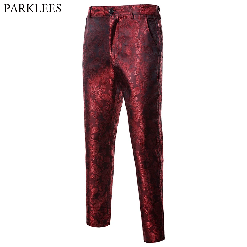 

Wine Red Paisley Dress Pants Men 2022 Brand New Skinny Trousers Men Wedding Party Stage Singer Prom Suit Pants Pantalon Homme