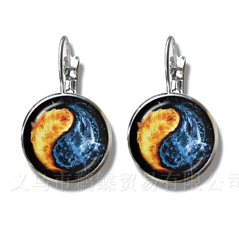 Fire And Water Symbol Jewelry Yin Yang Glass Dome Earrings Taoism Buddhism Spiritual Yin-Yang Harmony Silver Plated Earrings