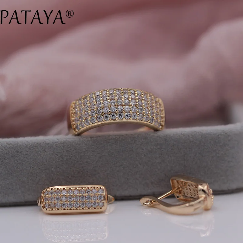 PATAYA New Arrivals Luxury Jewelry Set 585 Rose Gold Color Earrings Rings Sets Round White Natural Zirconia Jewelry For Women