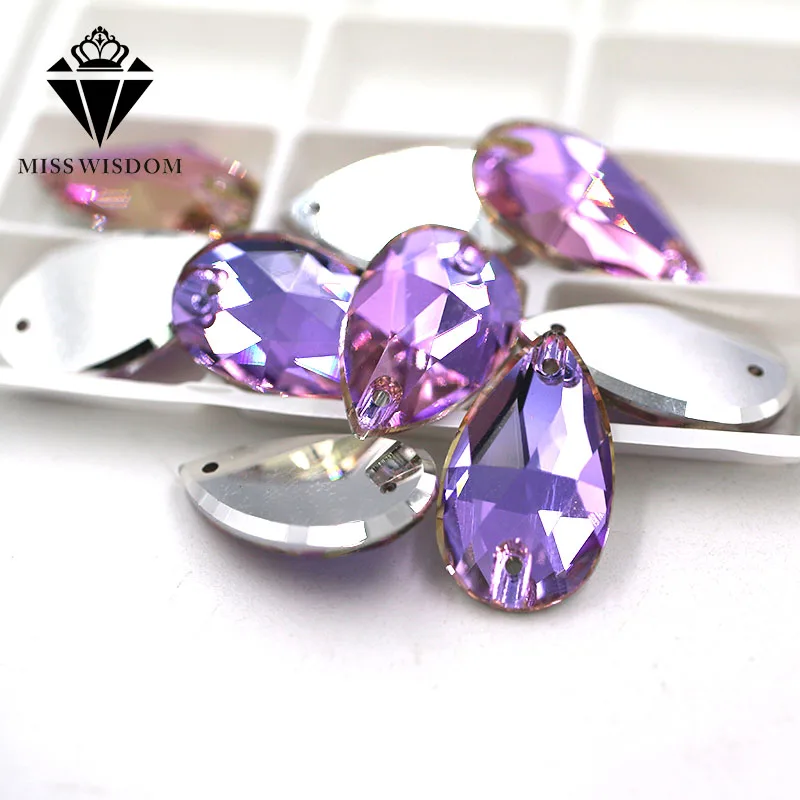 High quality flatback glass double hole crystal sew on rhinestones Teardrop Bright purple Flat buckle diy clothing accessories