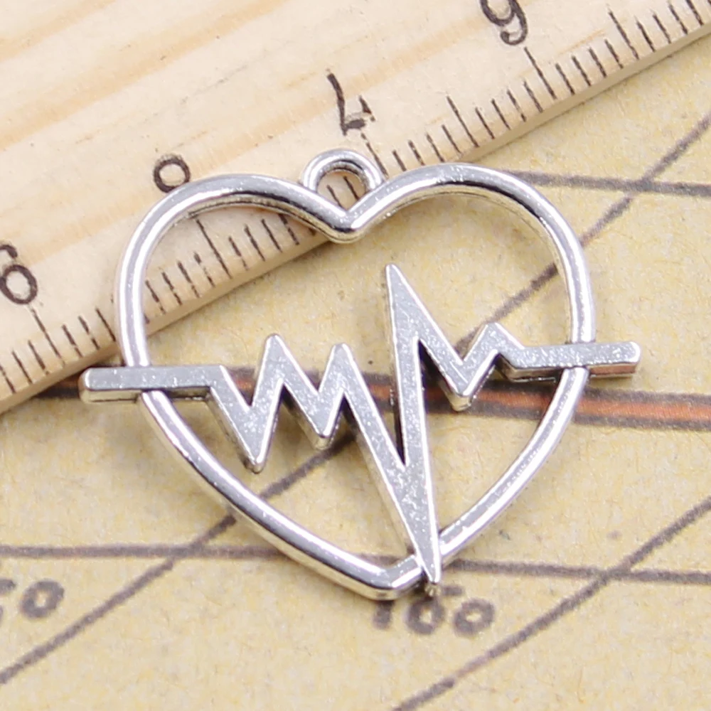 10pcs Charms Heart Heartbeat ECG 25x30mm Antique Silver Color Pendants Making DIY Handmade Jewelry Factory Wholesale