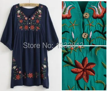 Vintage 70s Mexican Ethnic Flower EMBROIDERY Dresses Women BOHO Hippie Casual Dress Women Clothing Women Vestidos