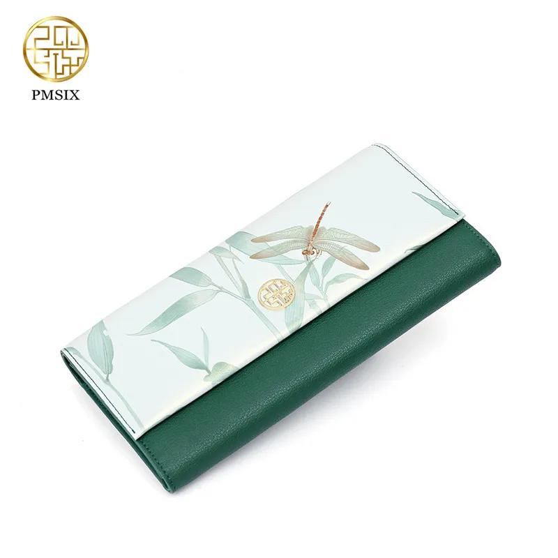 PMSIX 2020 New Elegant Leaf Print Cow Leather Women Wallet Brand Fashion Long Hasp Purses Card Coin Holder Clutch Bag Carteras