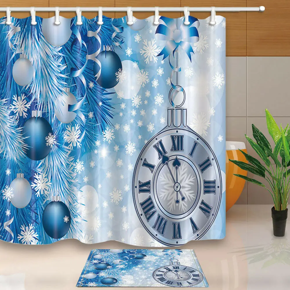 Christmas New Year countdown Shower Curtain Bathroom Decor Fabric & 12hooks