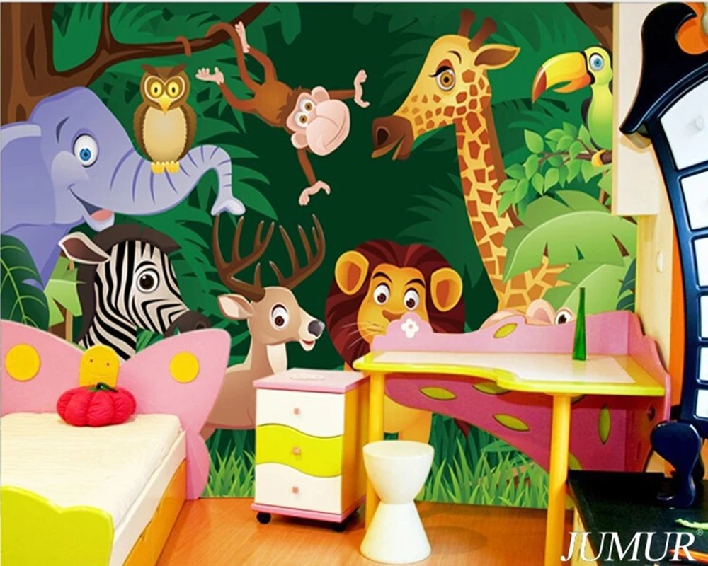 Custom large murals Cartoon animals of bedroom the head of a bed children room background wallpaper jungle general mobilization