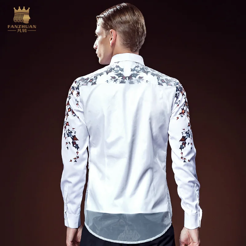 FanZhuan free shipping new men's male fashion casual Autumn personality false two white long sleeved shirt printing 612144