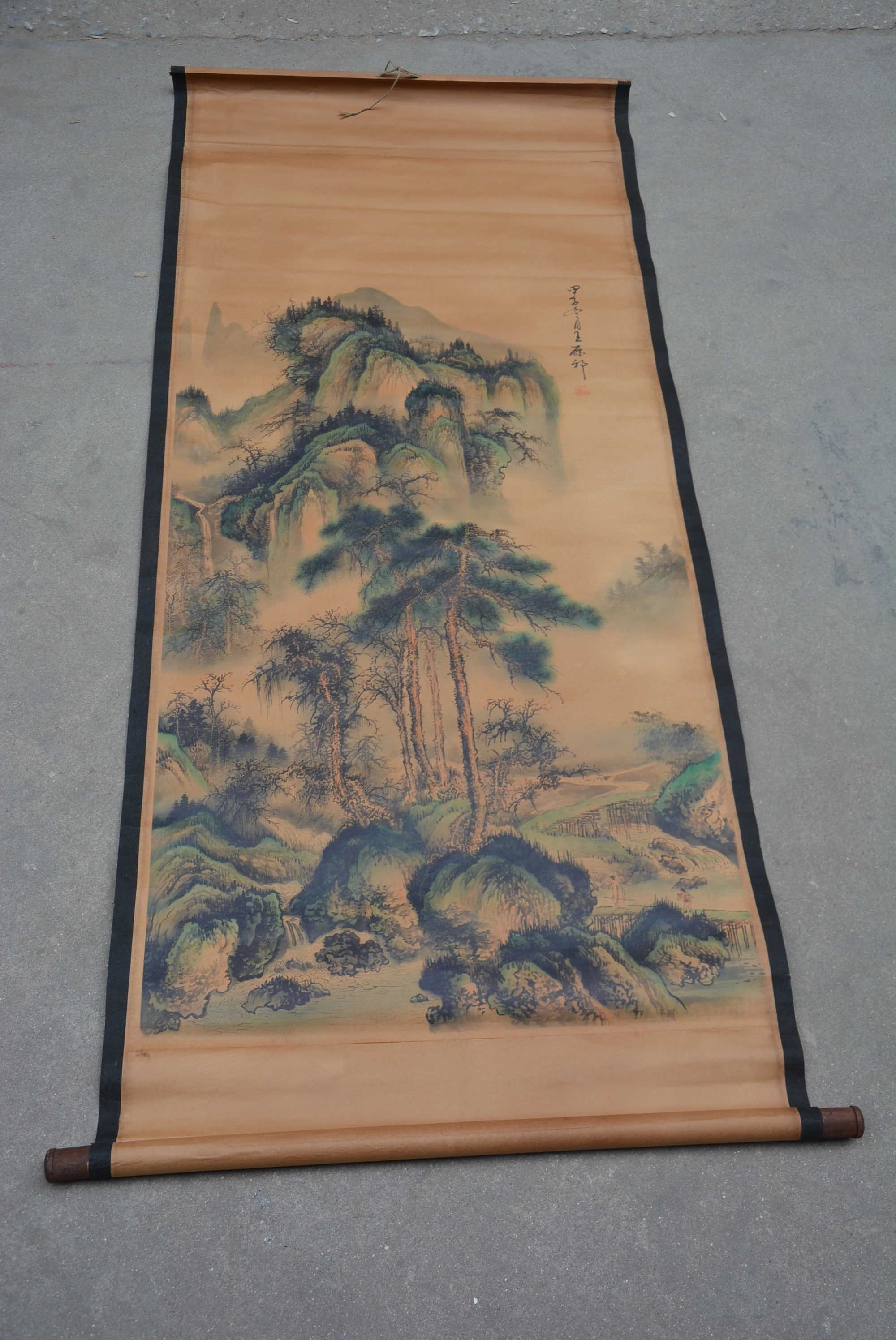 Antique Hand-painted Chinese Scroll painting,long axis of Landscape pine tree, Home Decoration,best collection & adorn