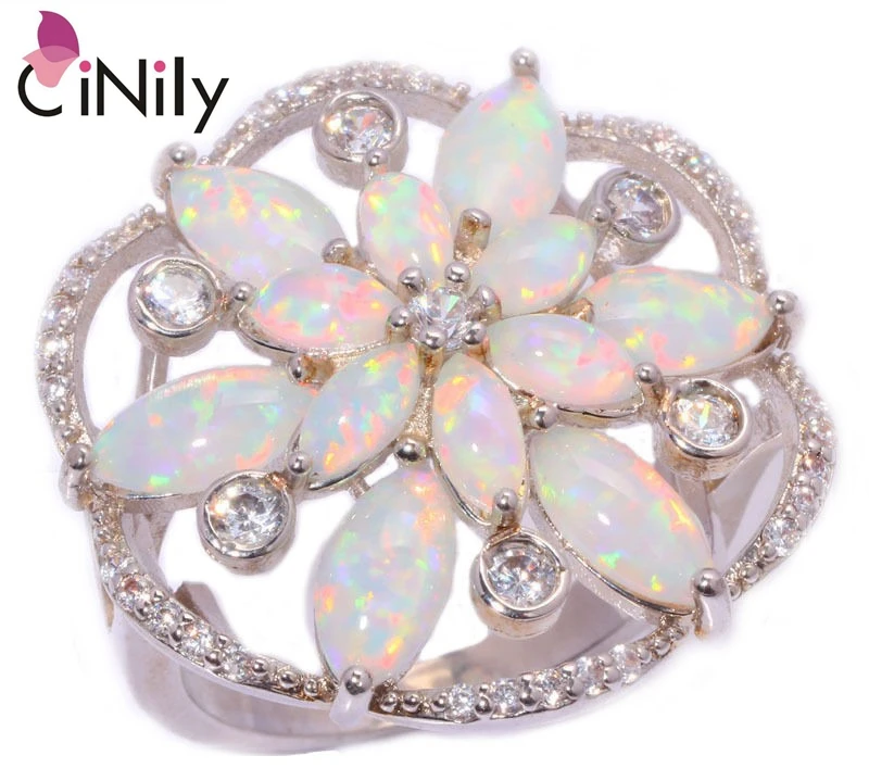 CiNily Created White Fire Opal Cubic Zirconia Silver Plated Wholesale Hot Sell for Women Jewelry Wedding Ring Size 8 9 OJ7186