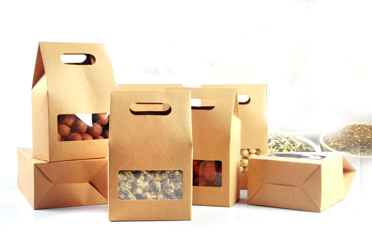 

10*15.5*6cm 50pcs/lot Stand Up Brown Kraft Paper Bag Party Gift Packing Box Cookie/Candy/Nuts Bag/DIY Gift Handle Packing Box