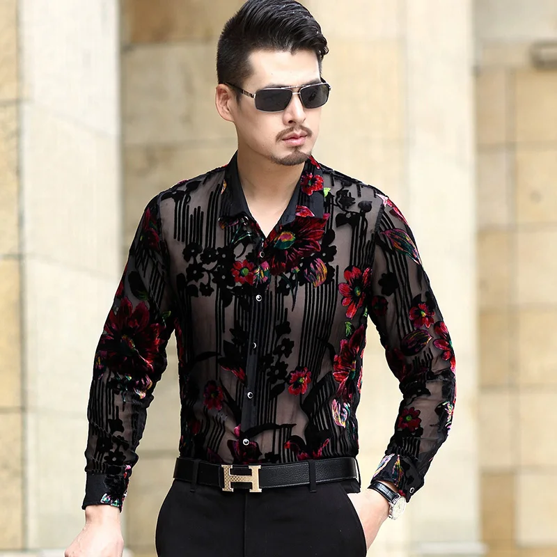 Men's Hollow Flowers Shirts Sexy See Through Clubwear Silk Clothes Male Long Sleeve Transparent Social Shirts