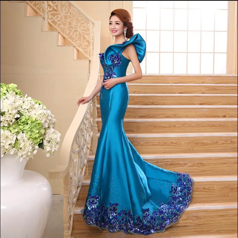 Robe de soiree elegante Blau eine schulter prinzessin meerjungfrau abendkleid spitze formales kleid vestido de festa prom kleider party kleider