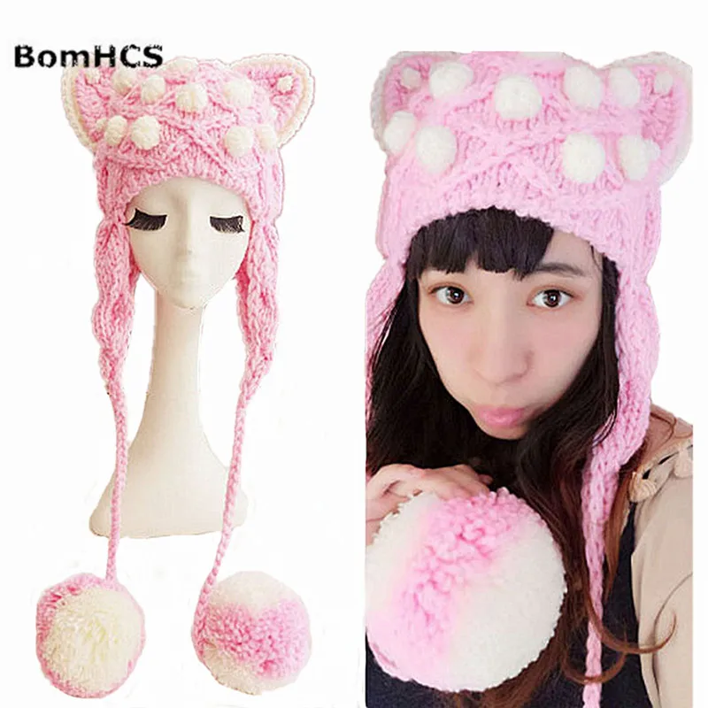 BomHCS Pink Cute Cat Ears Beanie Women Winter Warm Handmade Knitted Hat