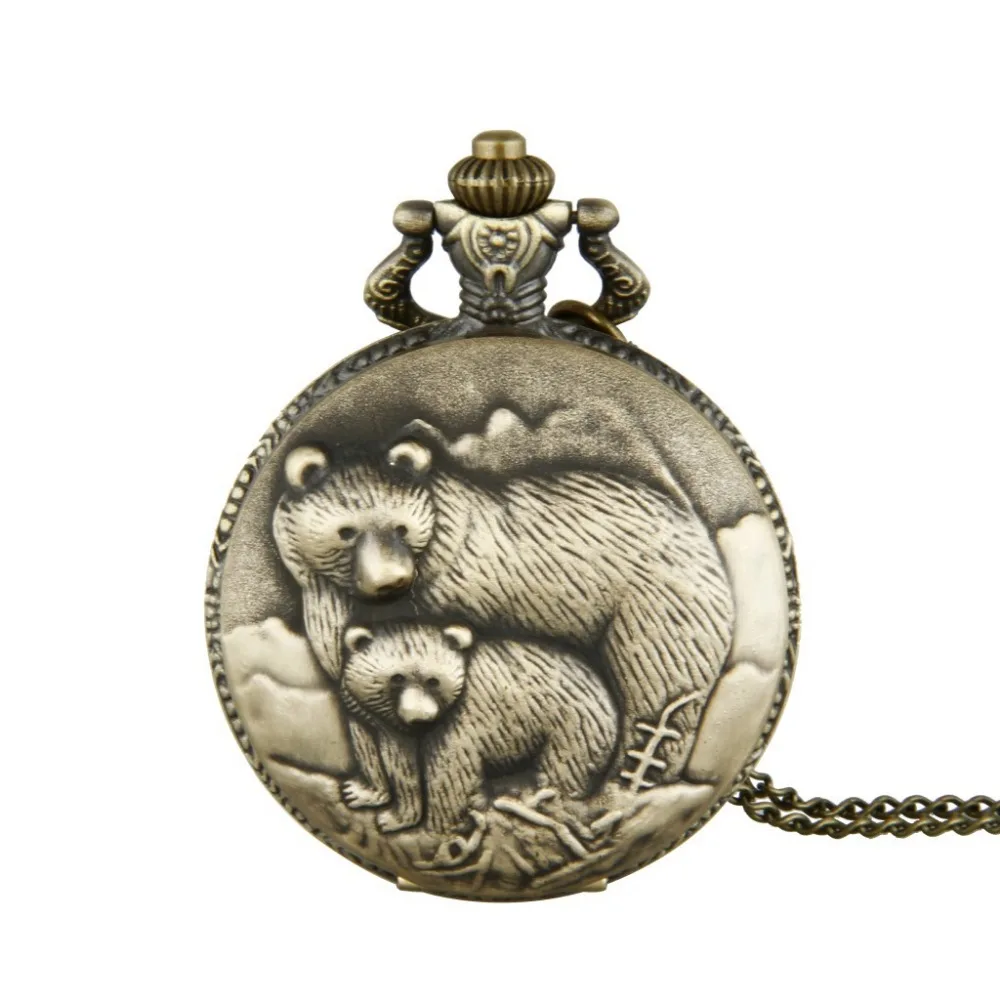 0   Pocket Watch Happy Bear Cute Souvenir  Antique Bronze Relief Design Quartz Stone Leisure Children's Gift