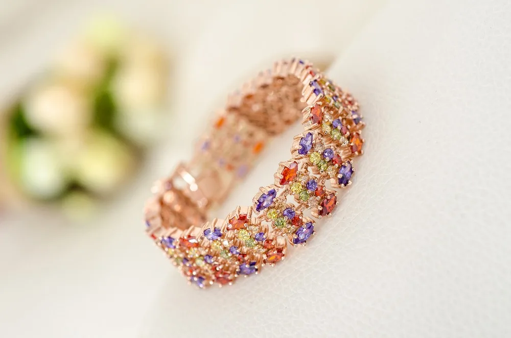 Emmaya Rose Gold Color Mona Lisa Multicolor CZ Stones Cluster Women Bracelet Jewelry Wedding Party Gift