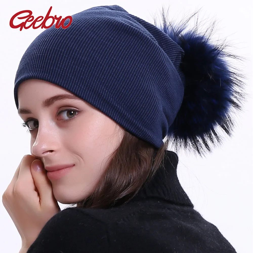 Geebro Women\'s Winter Beanie Knitted Ribbed Beanies Hat with Pompom Cap Solid Color Slouch Hats Skullies chapeu feminino DQ423M