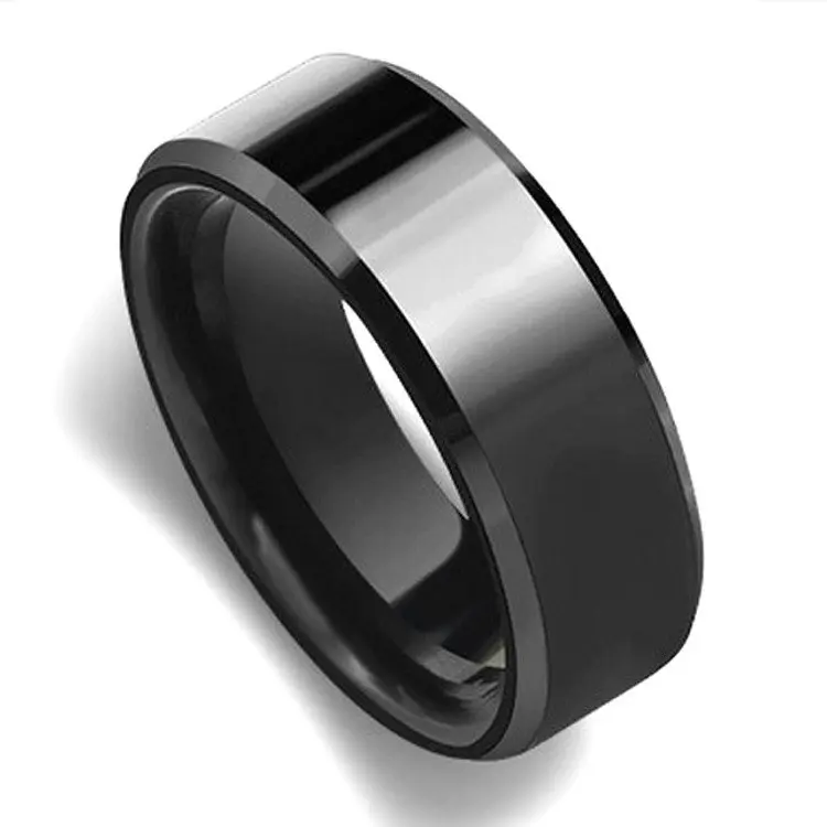 Anillo de titanio de color negro pulido brillante de 8 mm para hombres