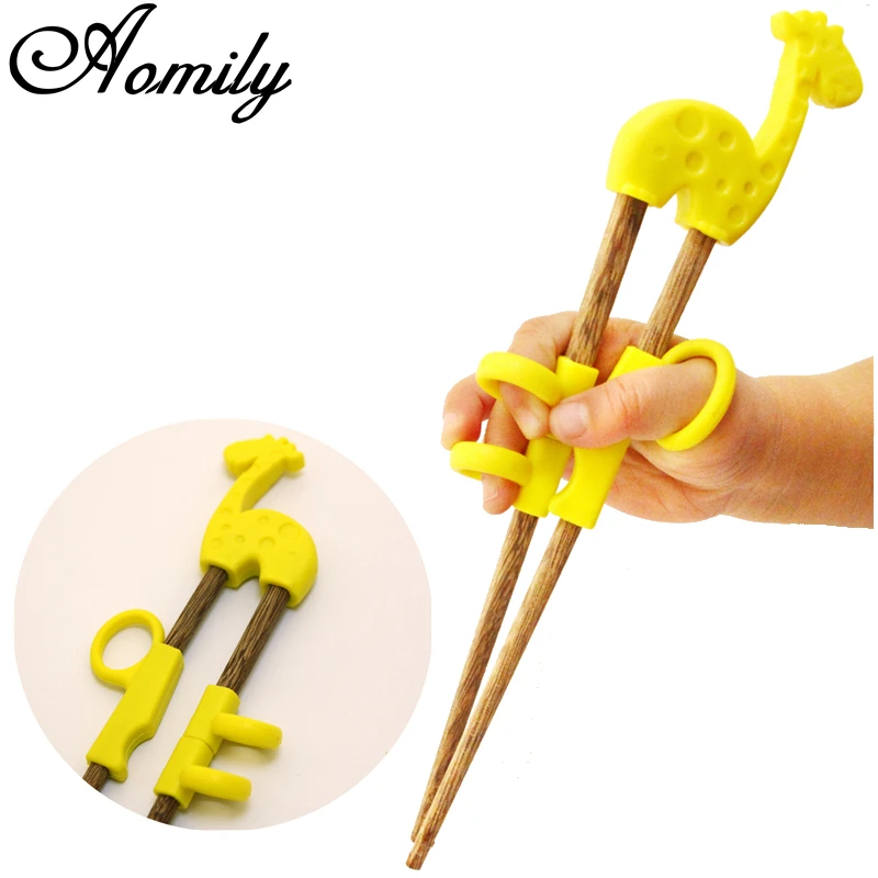 Aomily 1 Set Baby Training Chopsticks Wenge Wood Silicone Baby Exercise Training Chopsticks Cartoon Children Learning Chopsticks