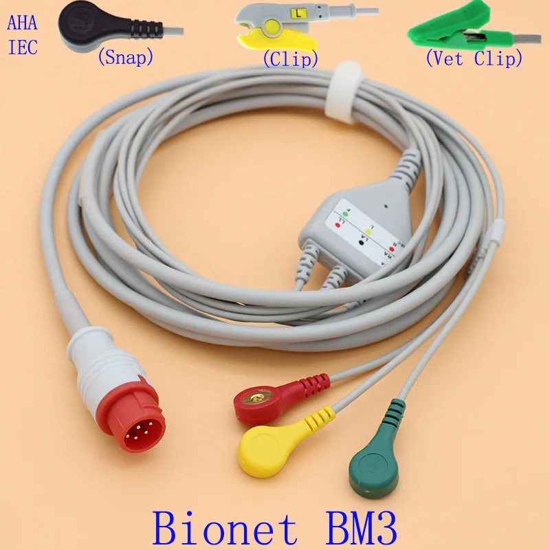 

8P ECG EKG 3 leads cable and electrode leadwire for Bionets BM3 with AHA/IEC/Snap/Clip/Vet clip