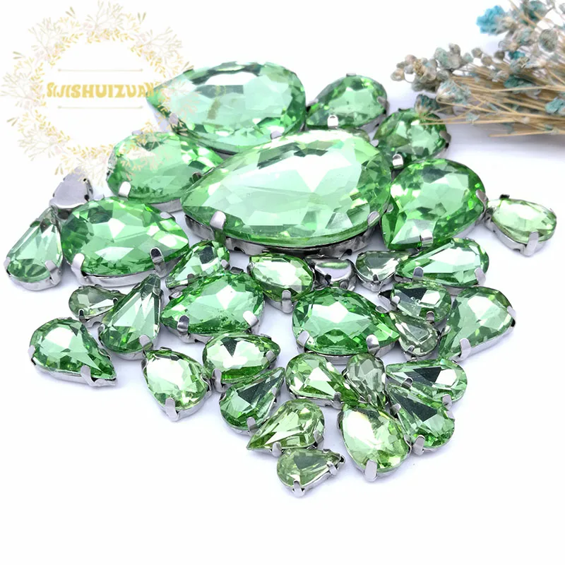 30 قطعة رائجة البيع بالجملة مزيج قطرة الشكل مخلب فضي خياطة على كريستال زجاجي واضح أحجار الراين الخضراء الفاتحة لفستان الزفاف #1