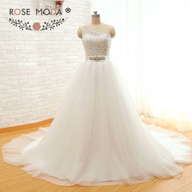 Rose Moda Beaded One Shoulder Princess Wedding Dress with Crystal Sash Real Photos