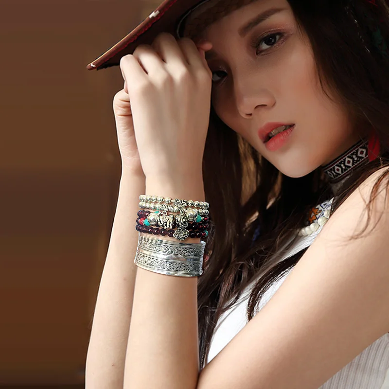 أساور نحت خمر موضة التبت الفضة مطلي الفيل البومة جرس السحر سوار مُزين بالخرز الهندي مجوهرات النساء هدايا