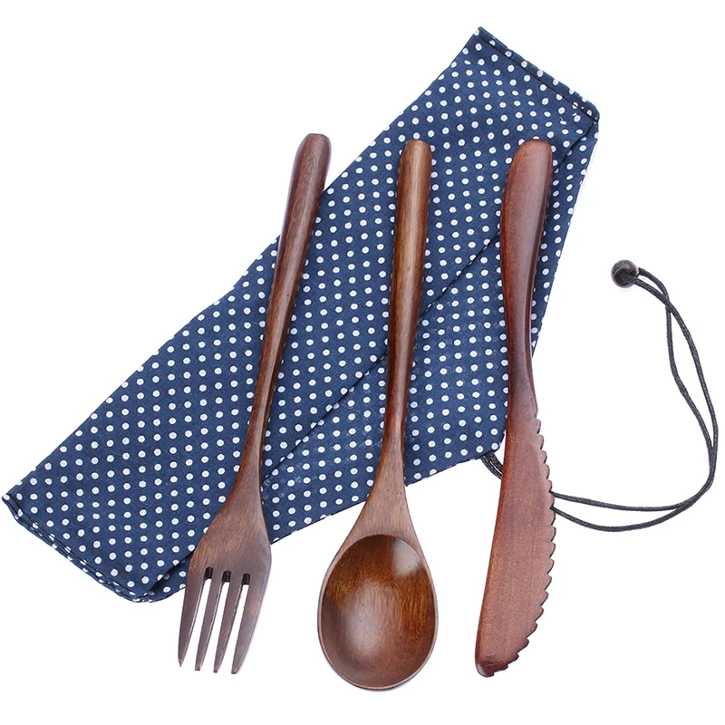 Portable Wooden Cutlery Set Spoon Fork Cutter Reusable Wood Bamboo Flatware With Bags Dinnerware Tableware Student Lunch Gift