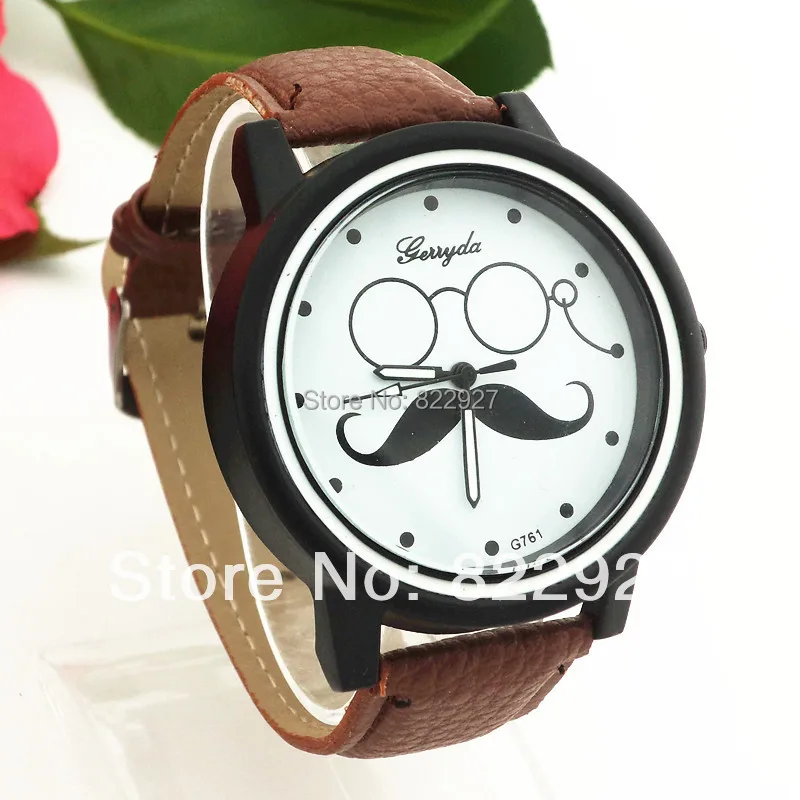 Gerryda 761 fashion quartz watches,beard & glass design dial cartoon type,PVC leather band,Black plate case cater for young man