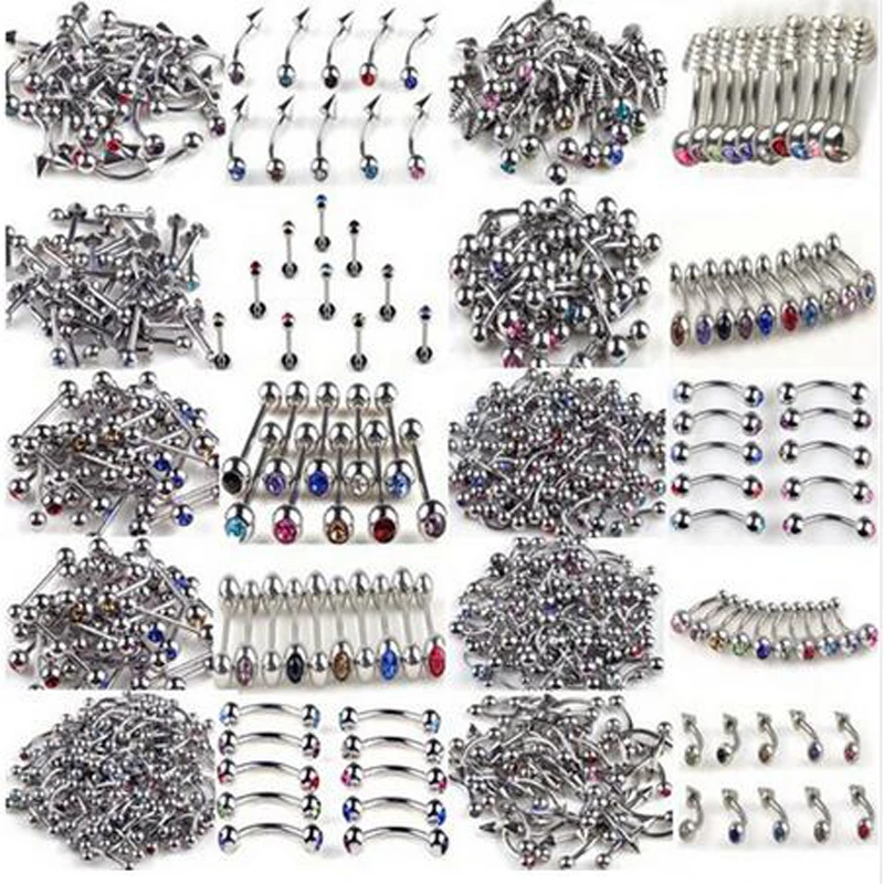 

100Pcs/Lot 10Styles 316L Stainless Steel Crystal Tongue Belly Lip Eyebrow Nose Barbell Rings Body Piercing Jewelry