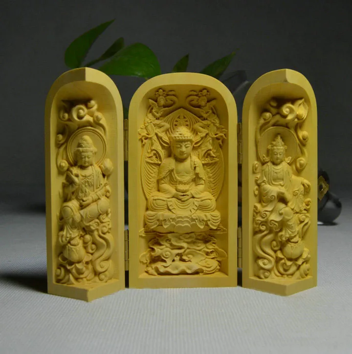 1 PC Western Trinity Buddha Ornament Boxwood Carving Guanyin Bodhisattvas Amitabha Home Decor