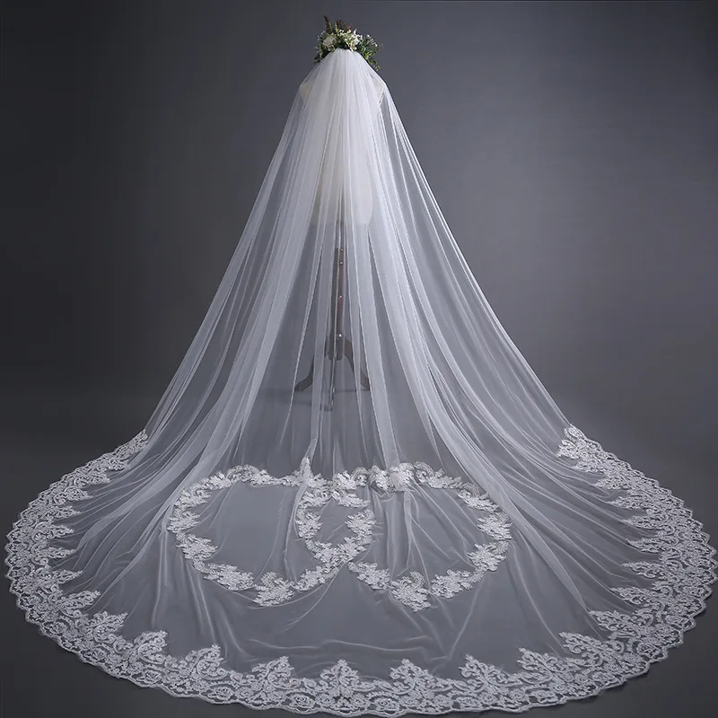 2019 New 3 Meters One Layer Lace Tulle Long Wedding Veil Lace Edge White Ivory 3 M Bridal Veil with Comb Velos De Novia