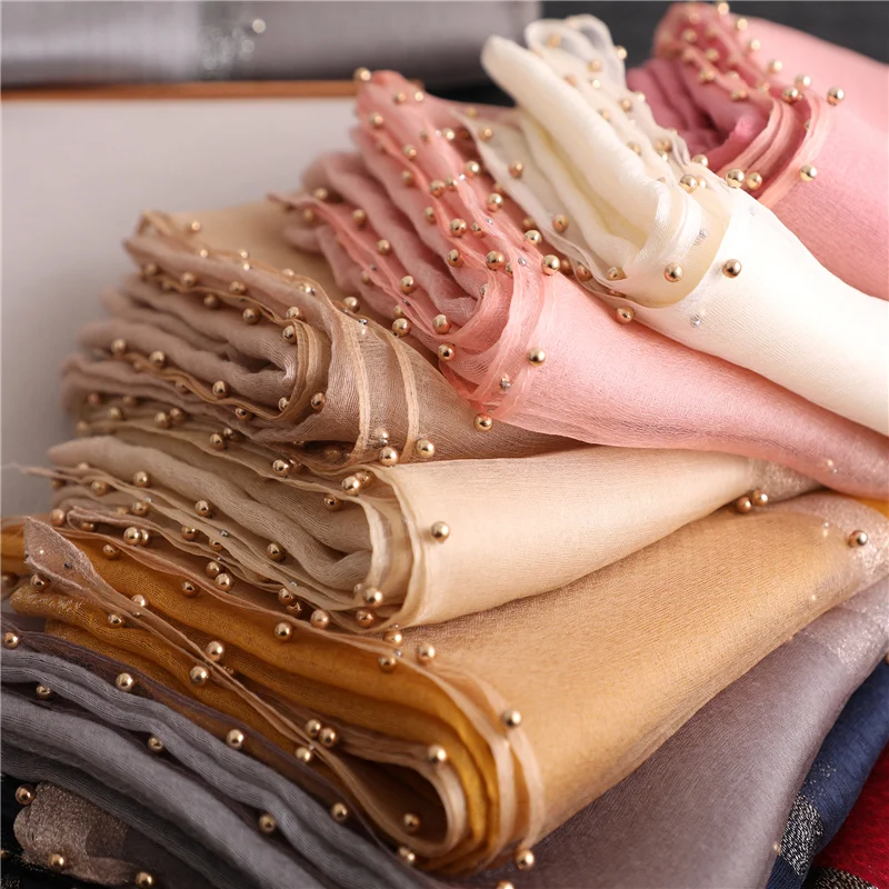 Luxury brand women scarf luxury summer silk scarves lady shawl wrap hijab foulard female bandana pashmina Pearl jewel headband