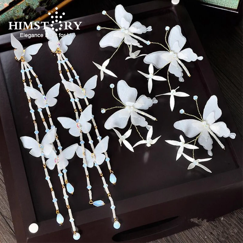 

HIMSTORY Fresh Girls Handmade White Butterfly Hairpins Long Earring Set Fairy Hairclips Wedding Bride Festival Jewelry