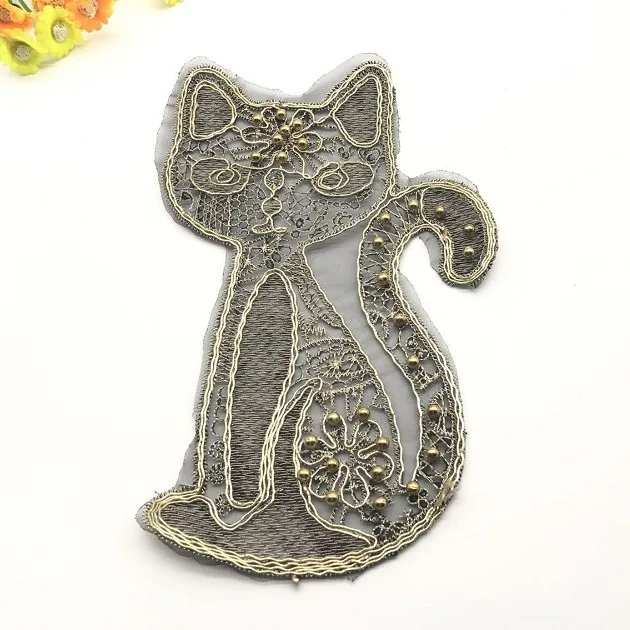 Cartoon Gold Cat Animal Embroidered Lace Sequin Fabric Patches for Clothing Sew on Clothes Appliques Stripe Craft Decoration DIY