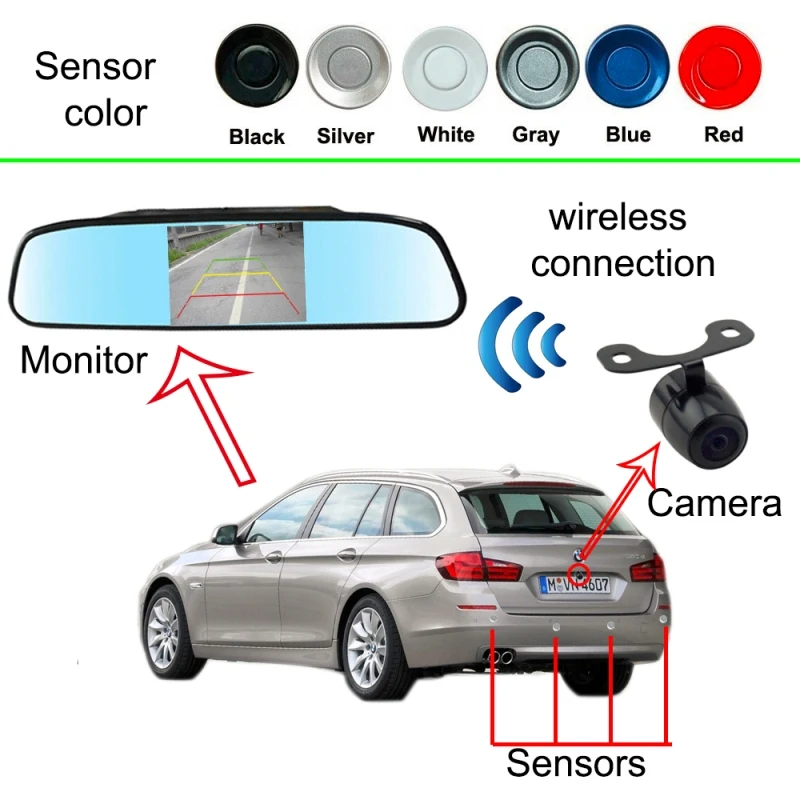 Wireless 3in1 Video Parking Sensor Camera + 4.3 inch screen + 4 ultrasonic probes Car Rearview Reverse Radar System