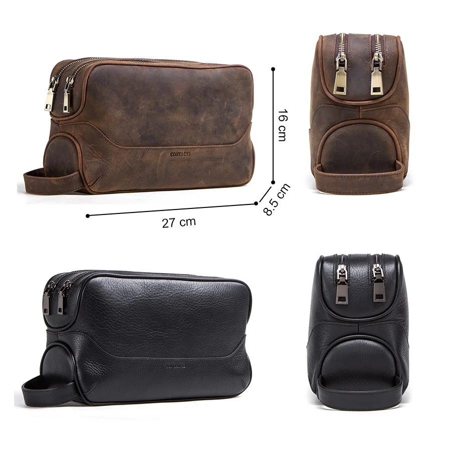 CONTACT\'S-Crazy Horse Saco cosmético para homens, couro genuíno, saco de higiene pessoal masculino, organizador de viagem, saco de maquiagem vintage
