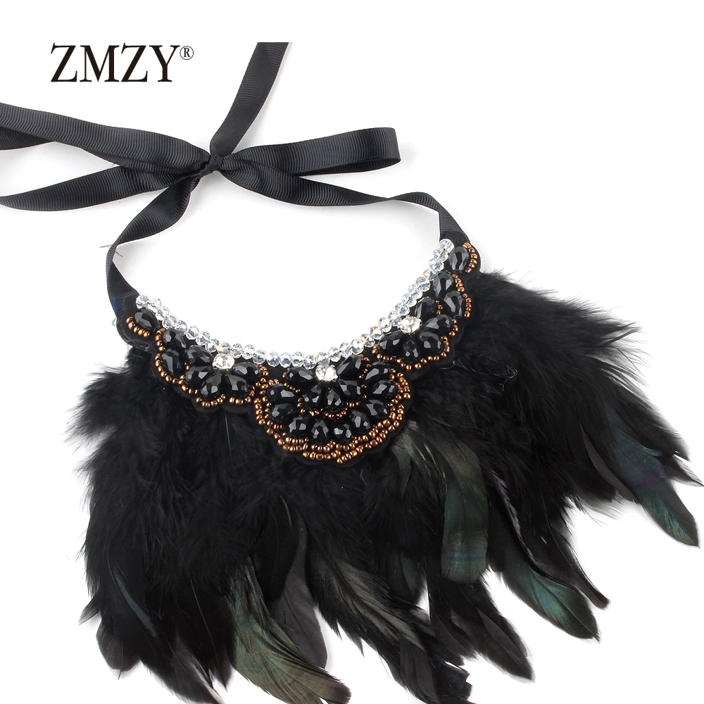 ZMZY Feather Hand-made Red Choker Necklace Women Hot Collar Neck Maxi Collier Trendy Glass Statement Jewelry