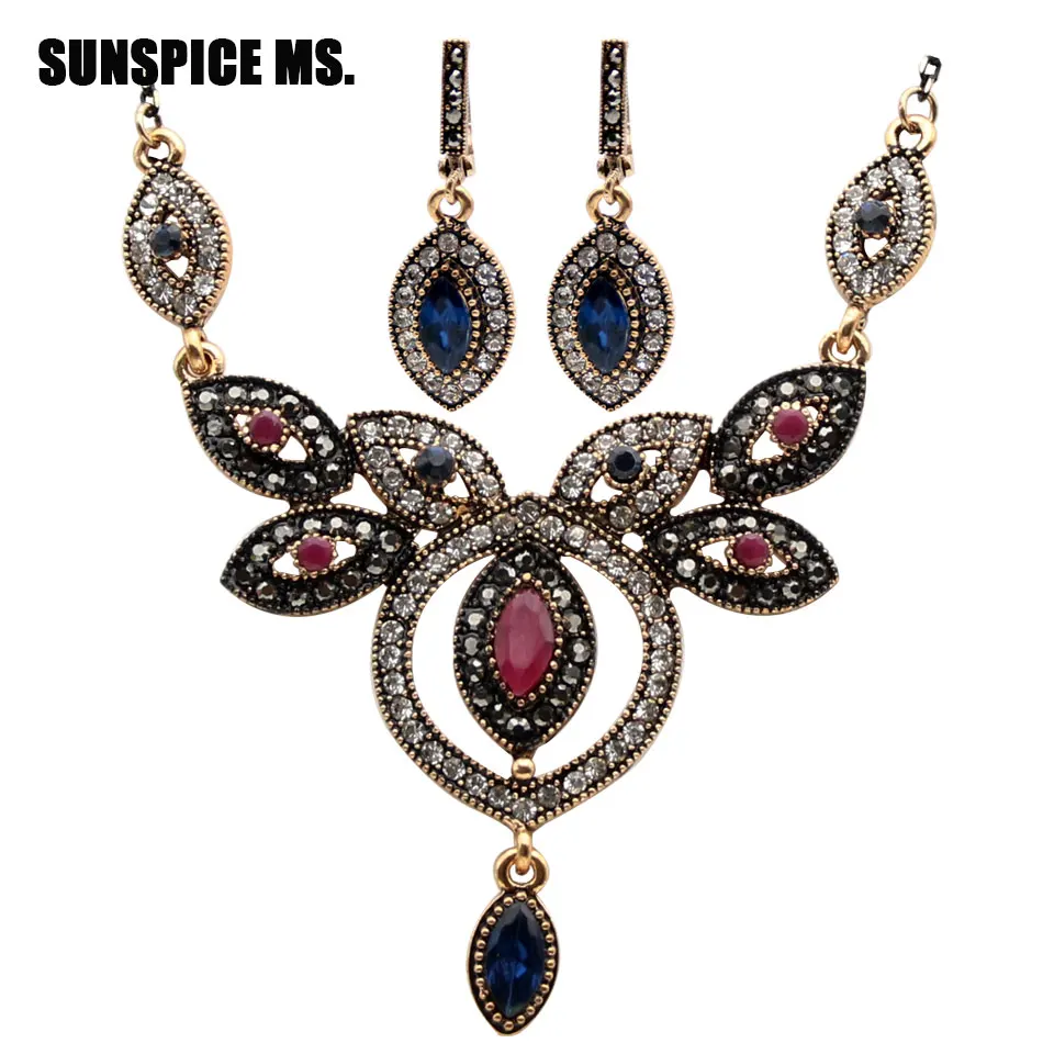 Sunspice Ms Vintage Turkse Vrouwen Bloem Ketting Earring Sieraden Sets Antieke Gold Kleur Resin Etnische Bohemen Bruiloft Sieraden