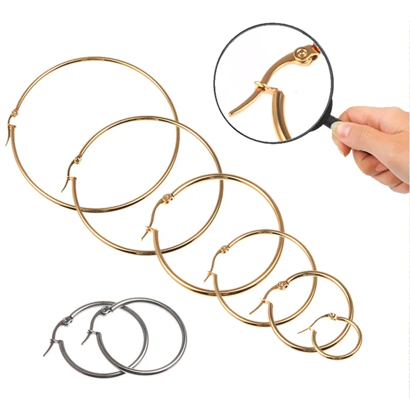 Dia 20/30/40/50/60/70mm Women Stainless Steel Earrings Large Big Circle Smooth Earrings Simple Exaggeration Wild Ear jewelry