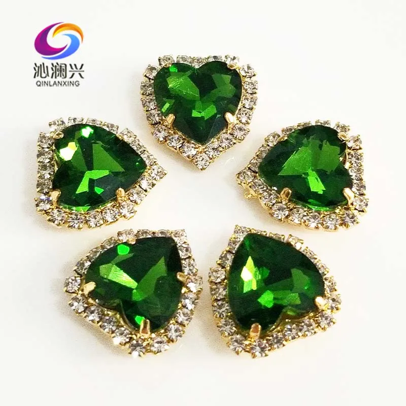 

Heart Shape Grass Green Color Crystal Glass Rhinestones, Gold Bottom Sew on Buckle, Used for Needlework, DIY/Sewing Accessories