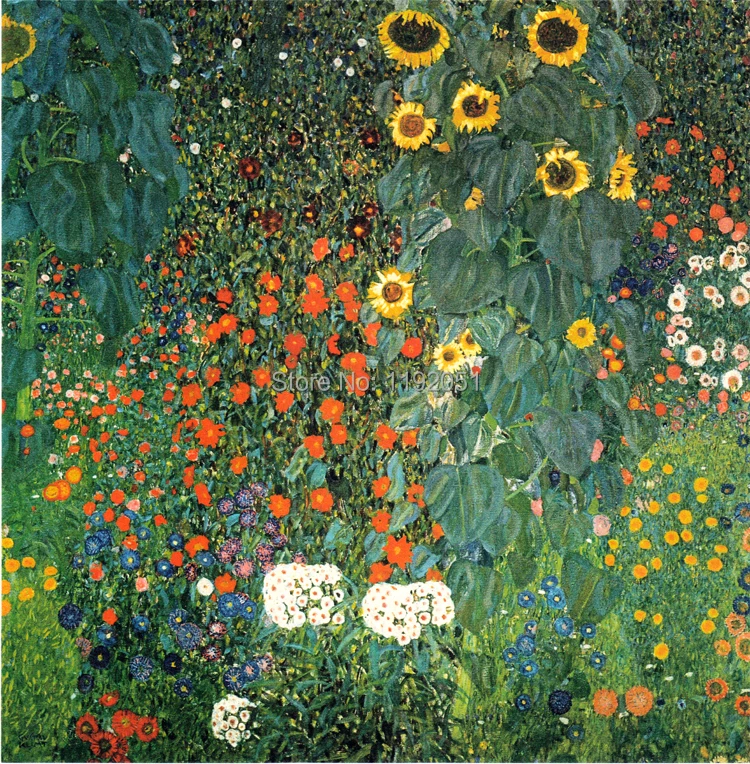 

scenery landscape canvas paintings masterpiece reproduction Farm Garden with Sunflowers, c.1907 By Gustav Klimt