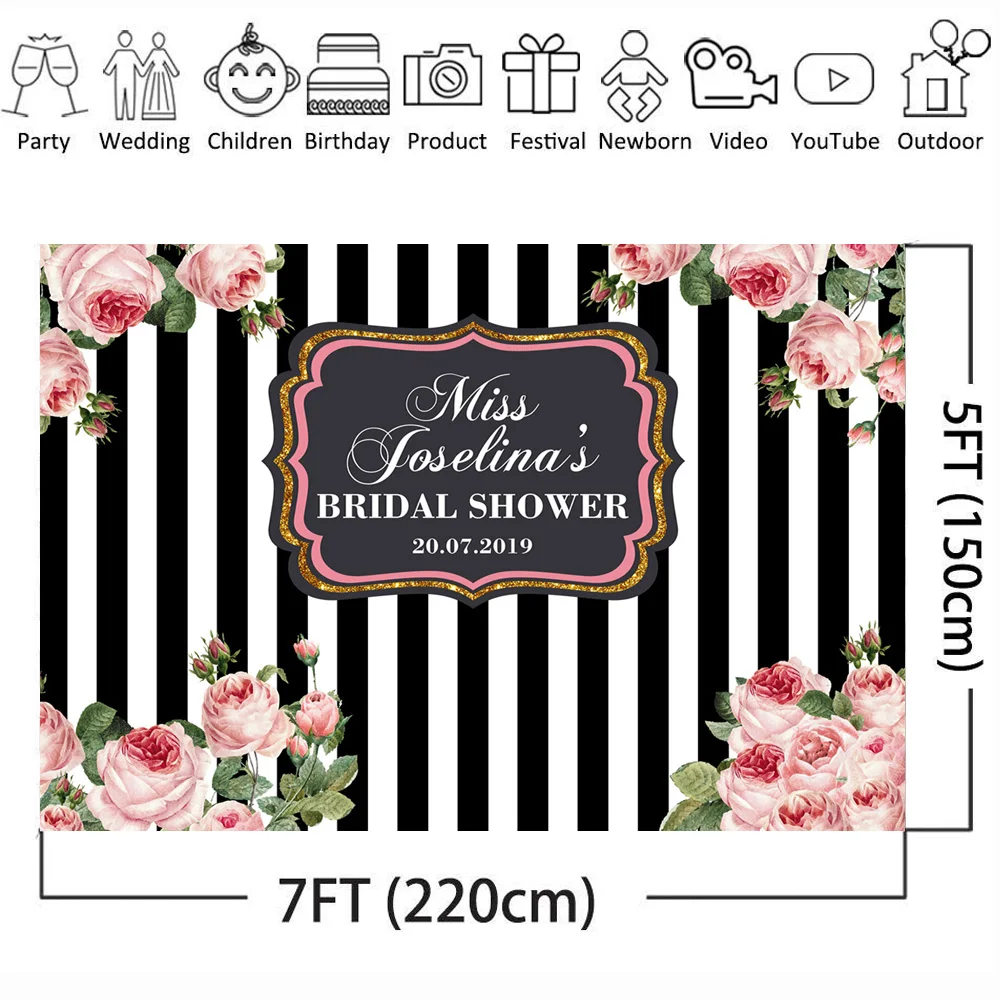 Bridal Shower Backdrop for Photography Wedding Ceremony Background for Photo Studio Photocall Flowers Black and White Stripe