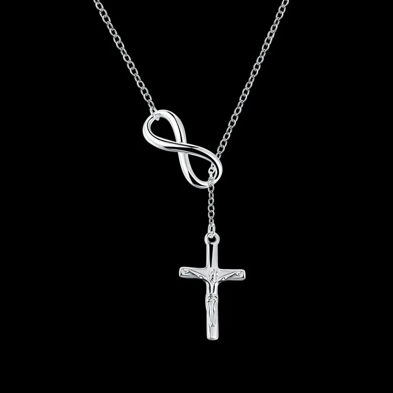 

New Stylish Silver Cross Pendant Infinity Symbol Long Silver Link Chain Fashion Necklace Pendant Women Popular Jewelry