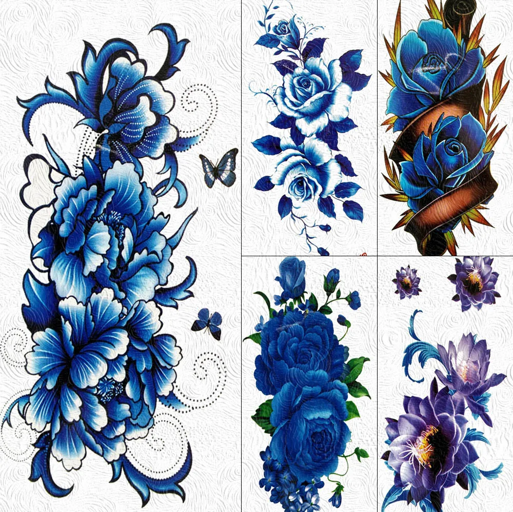 Fake Large Waterproof Blue Flower Rose Peony Temporary Tattoos For Women GIrls Sticker Body Art Arm Tattoo Paper 3D Flora Tatoos