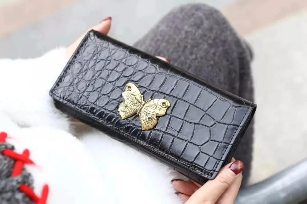 

Luxury quality 100% Genuine/Real crocodile belly skin leather bank card holder metal butterfly women lady case and wallet purse