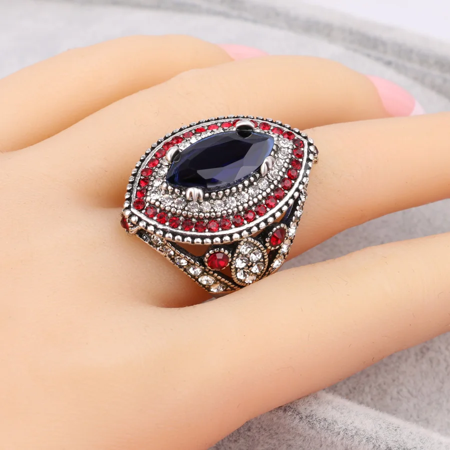 2020 New Fashion Blue Big Rings For Women Silver Color Mosaic Red Crystal Vintage Wedding Ring Jewelry