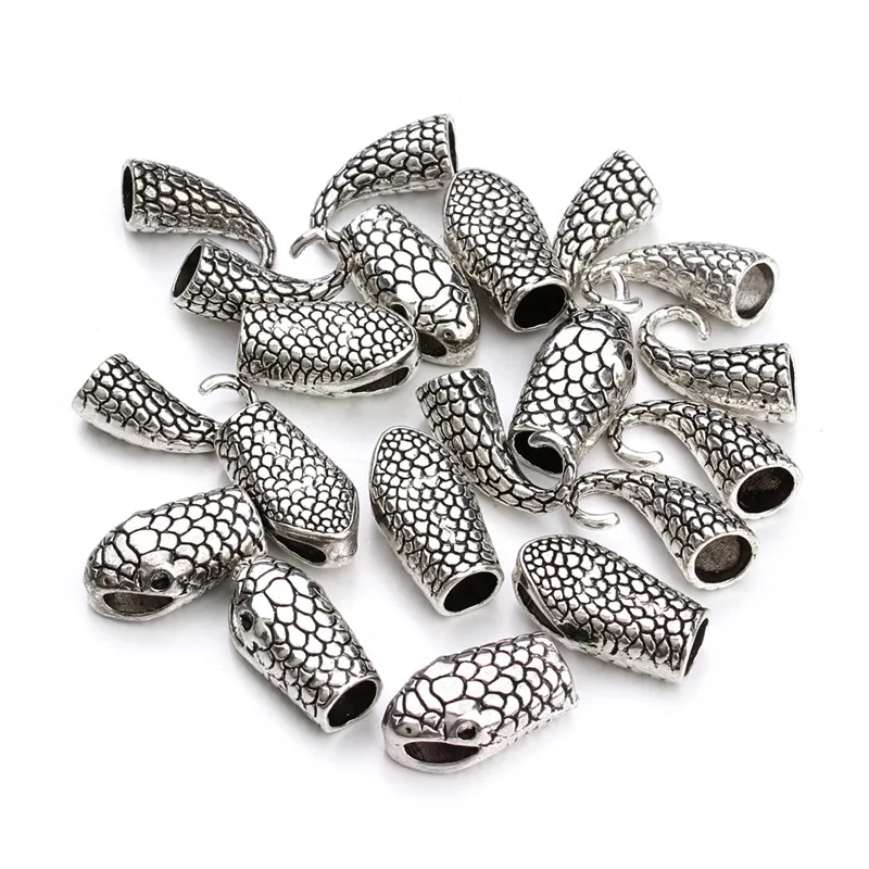 7mmレザーコード用フック,10個セット,アンティークシルバー/ゴールドカラー,スネーク,ネックレスエンドキャップ,ジュエリー作り用コネクタ