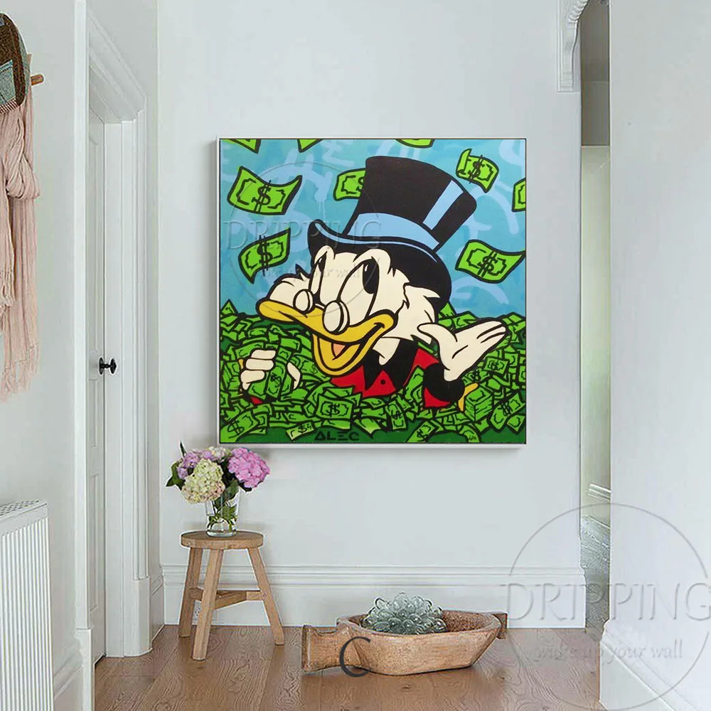 Skilled Artist Hand-painted High Quality Modern Duck Oil Painting on Canvas Special Rich Duck with USA Dollars Oil Painting