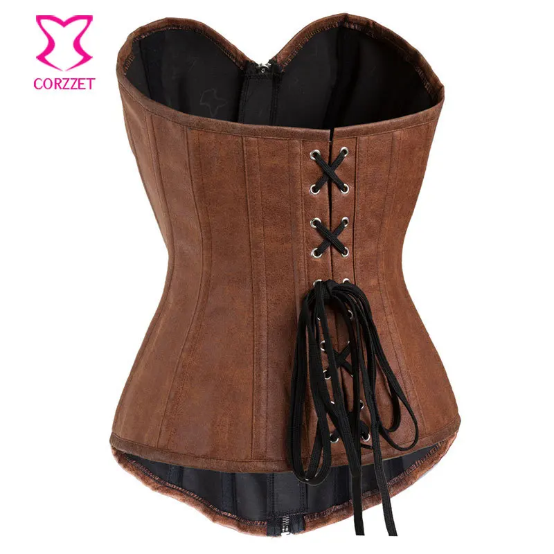 Women Zipper Sexy Brown Faux Leather Corset Overbust Corsetto Steampunk Corsets Waist Slimming Corpetes E Espartilhos Para Festa